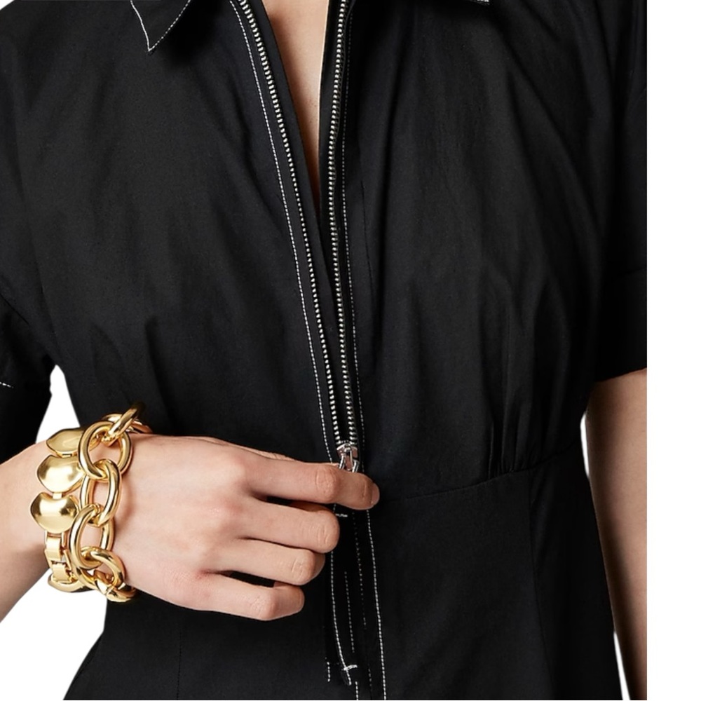 J Crew Black Zip Up Shirt Dress Short Sleeve Midi Women Sz 14 Fit Flare Pockets - Picture 2 of 13